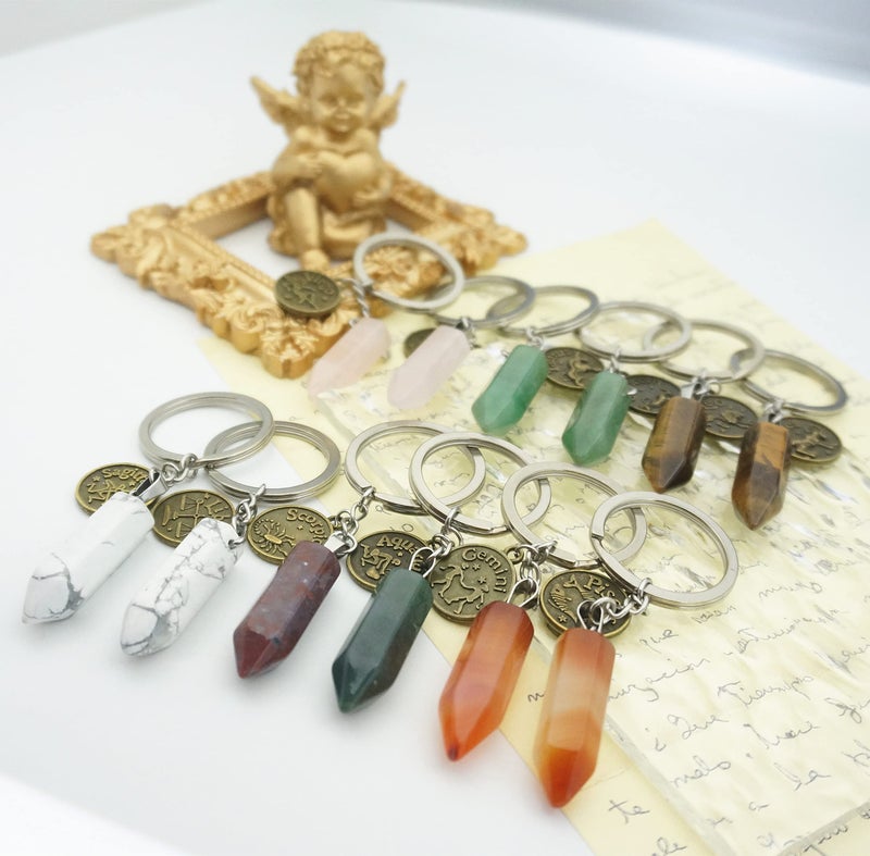 ZUOPIPI Zodiac Crystal Stone Keychain Natural Rose Stone/Red Agate/Aventurine Healing Crystal Keychain (Capricorn) - Image 5